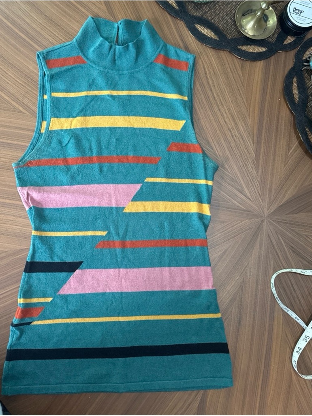 Sleeveless Teal Stripe Mock Neck Top - Multi Color